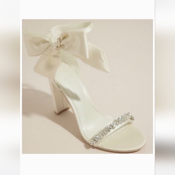 Oleg Cassini Cream Satin Bow Block Heel Sandals with Crystal Strap - Picture 2 of 8